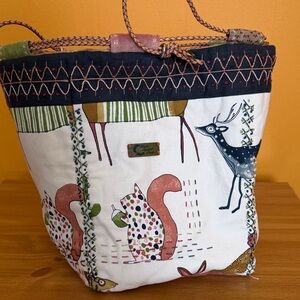 Hand Crafted Cream Canvas Tote with Multicolor Animal Prints and Navy Trim